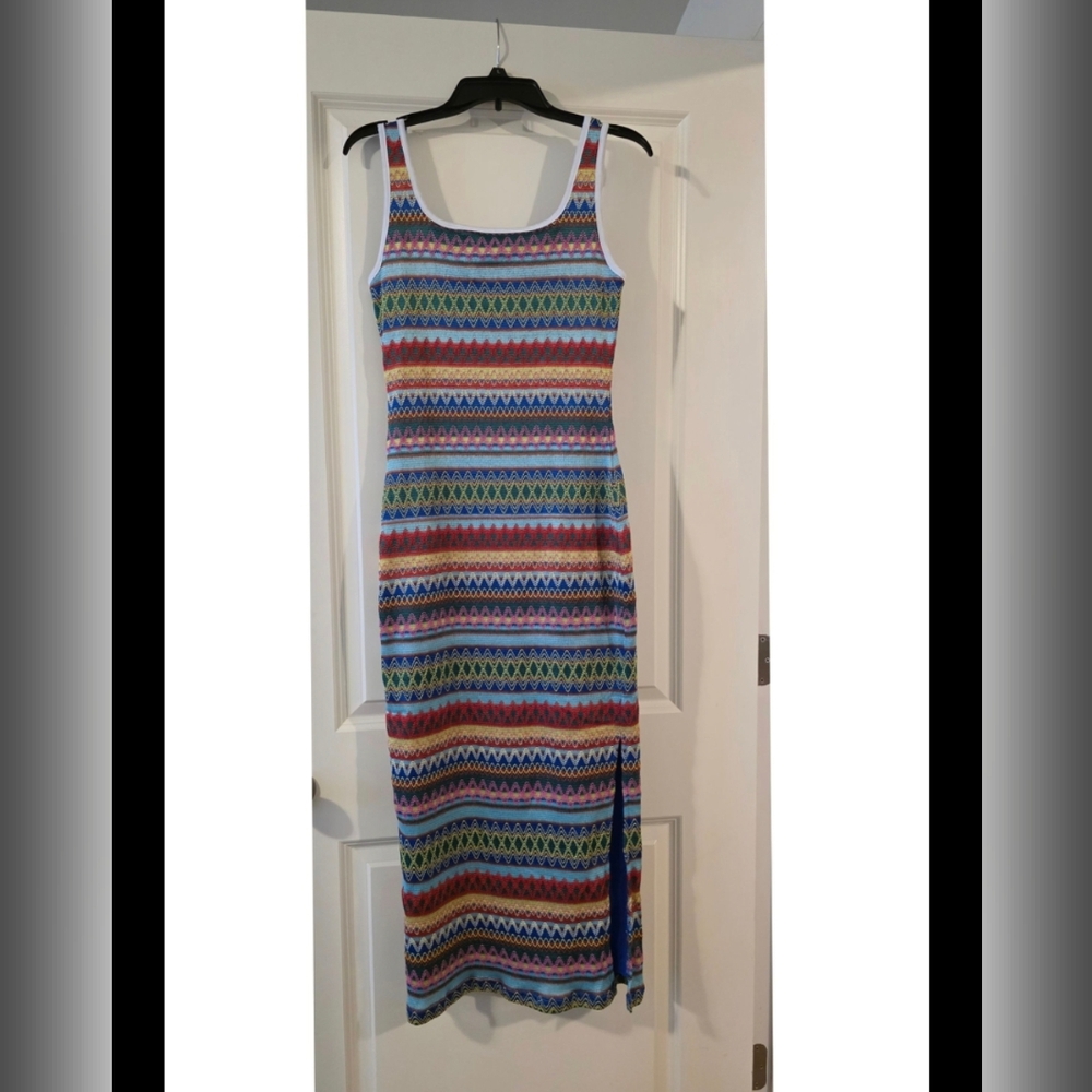 Multi color rainbow maxi dress sleeveless womens M Boho Festival Vacay